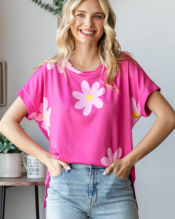 Floral Print Round Neck - Fuchsia