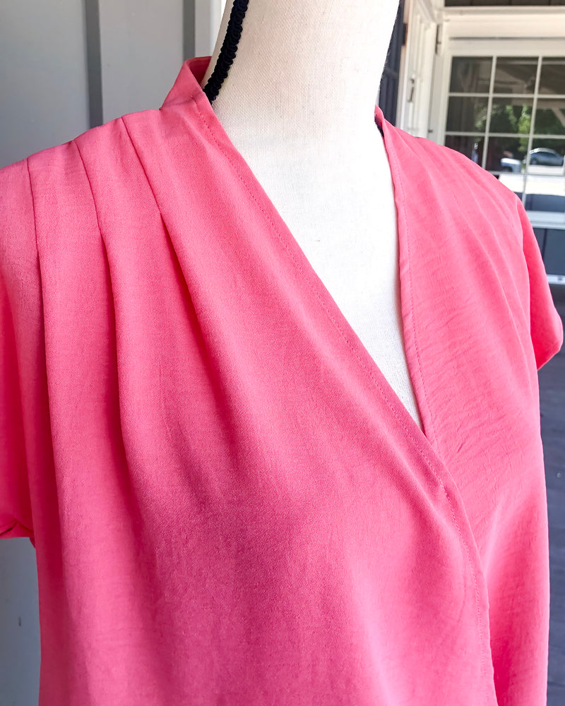 Short Sleeve Wrap Front Solid Top - Coral