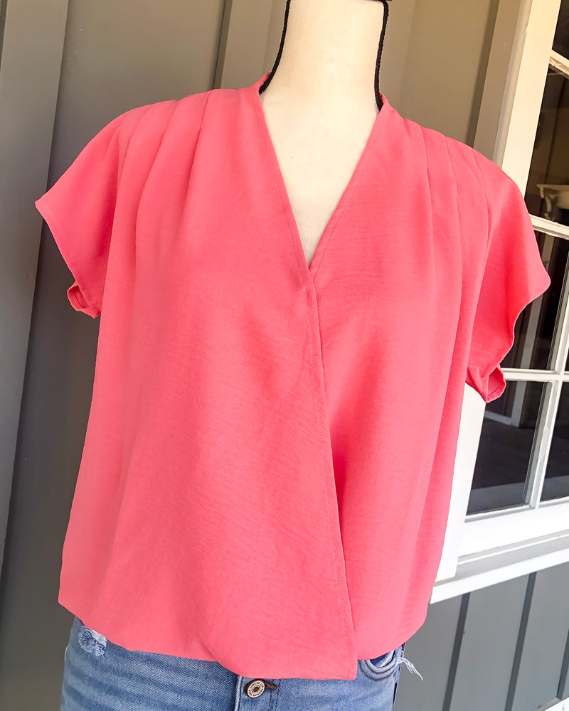 Short Sleeve Wrap Front Solid Top - Coral