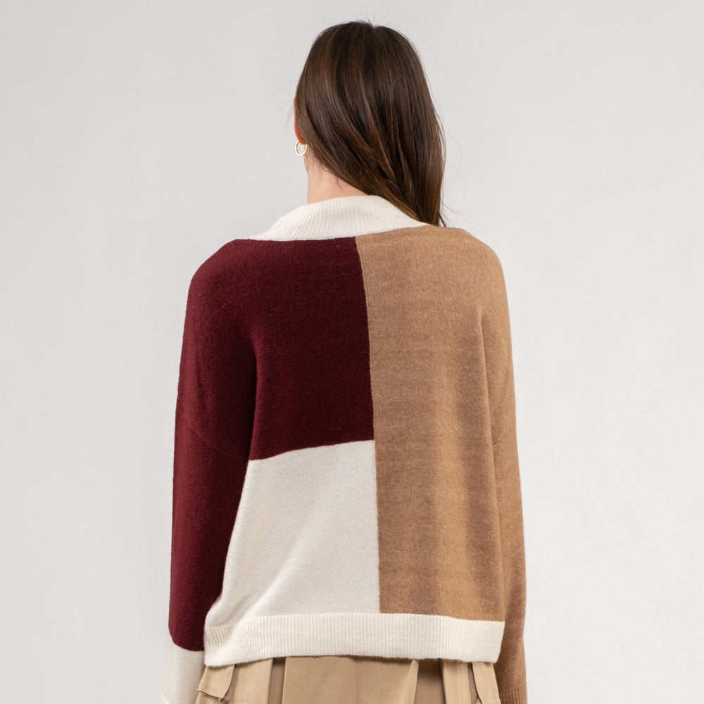 Mock Neck Coloblock Sweater - Rosewood Multi