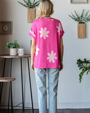 Floral Print Round Neck - Fuchsia