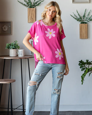 Floral Print Round Neck - Fuchsia