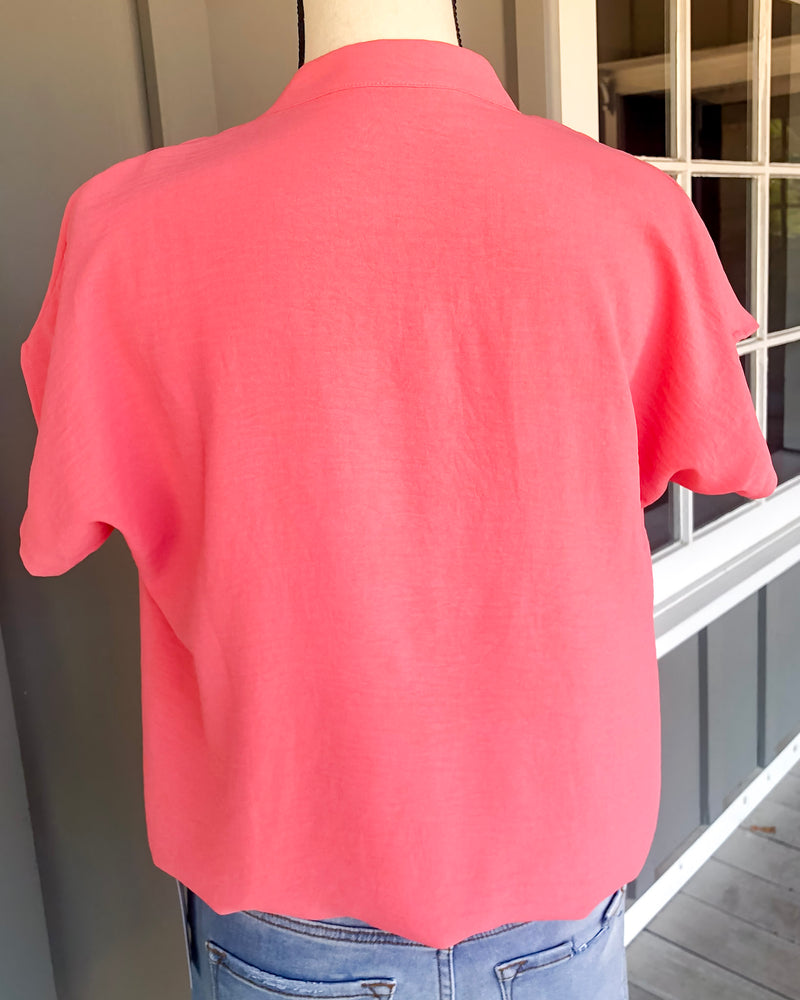 Short Sleeve Wrap Front Solid Top - Coral