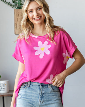 Floral Print Round Neck - Fuchsia