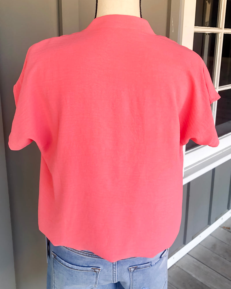 Short Sleeve Wrap Front Solid Top - Coral