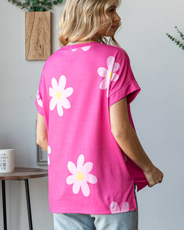 Floral Print Round Neck - Fuchsia