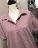 Textured Short Sleeved Collared Lounge Top - Mauve