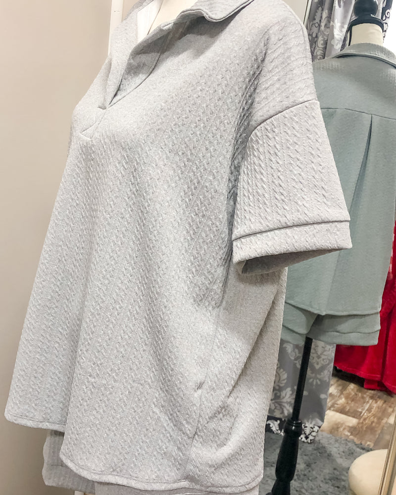 Textured Short Sleeved Collared Lounge Top - Heather Grey