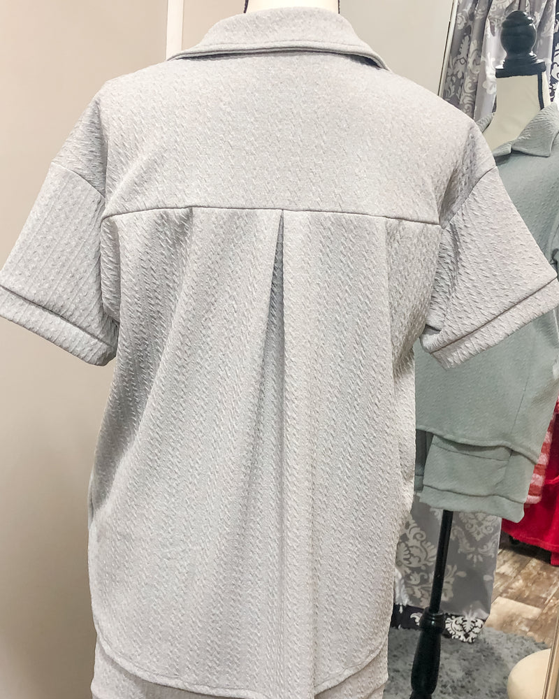 Textured Short Sleeved Collared Lounge Top - Heather Grey