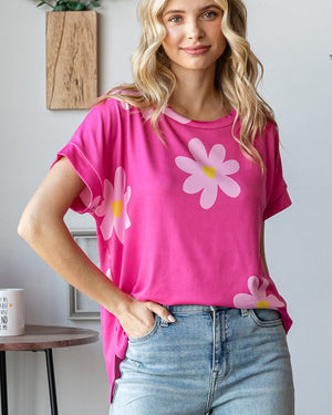 Floral Print Round Neck - Fuchsia