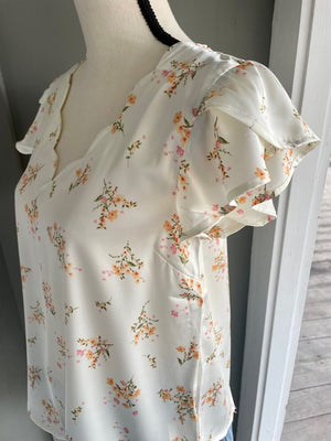 Ivory Floral Print Scallop Top