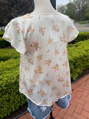 Ivory Floral Print Scallop Top