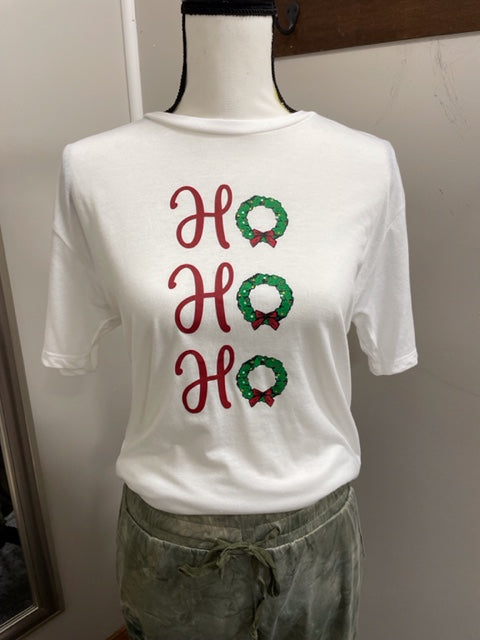 HOHOHO Wreath Crew Neck Tee - Red/Green/White