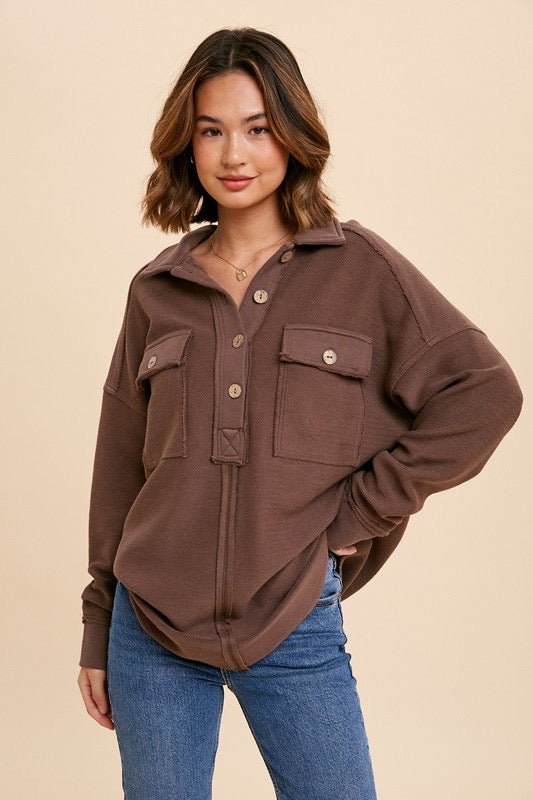 Collared Button Front Sweatshirt - Mocha